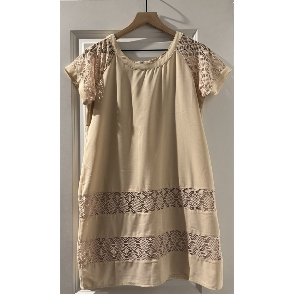 Swell Large Beige Lace Crochet Shift Dress Short Sleeve Lined Boho Chic